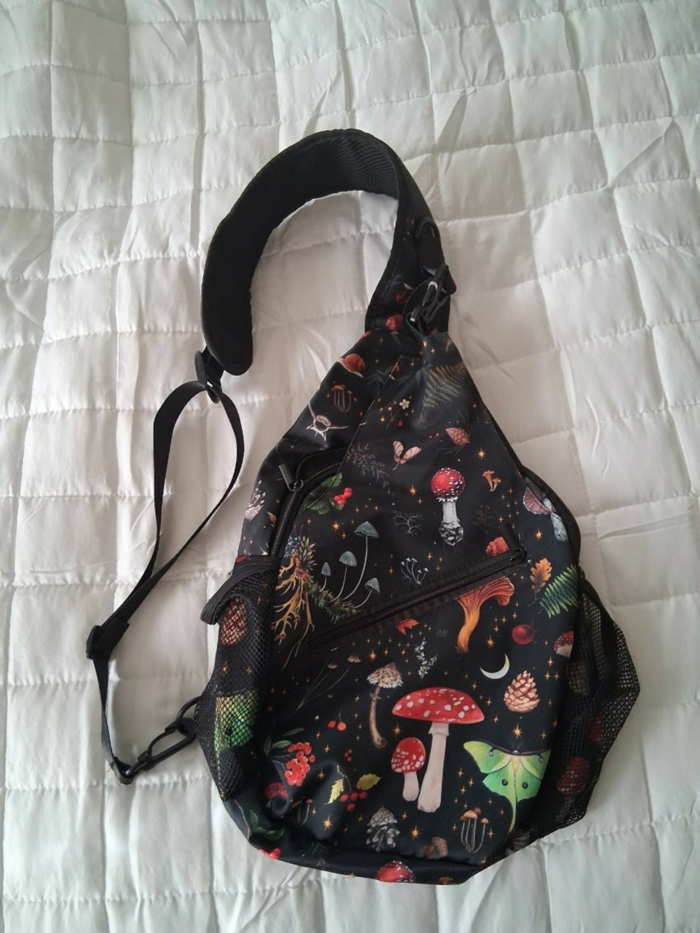 Black Mushroom-Print Crossbody Sling Bag